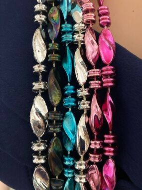 6 Pcs Mardi Gras Beads in Metallic Pink, Teal, silver, & iridescent black